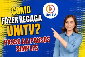 Thumbnail com fundo azul e amarelo em estilo pontilhado, mostrando uma mulher sorridente apontando para o logo da UniTV. O texto diz: 'Como fazer recarga UniTV? Passo a passo simples', em letras grandes e coloridas.