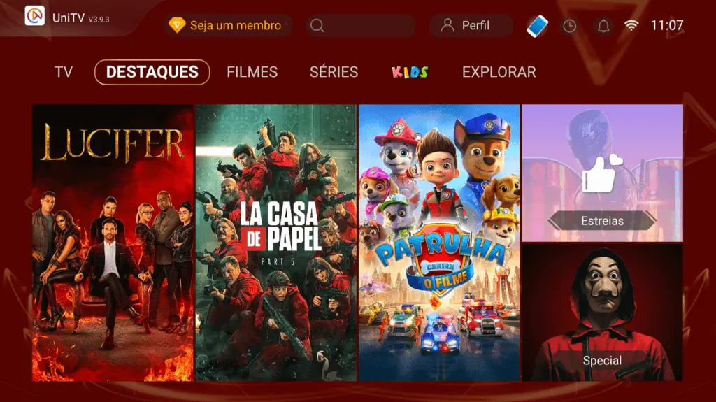 Tela inicial do aplicativo UniTV mostrando destaques como Lucifer, La Casa de Papel, Patrulha Canina, além de seções de Estreias e Special.