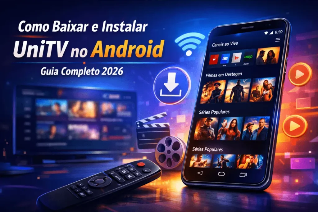 Banner ilustrativo mostrando um smartphone Android com aplicativo de streaming e instruções de baixar UniTV APK, com TV, controle remoto e ícones de download ao fundo.